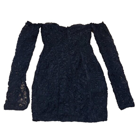 PRETTYLITTLETHING Black Lace Bardot Long Split Sleeve Bodycon Dress Womens Sz 0 - Picture 6 of 6